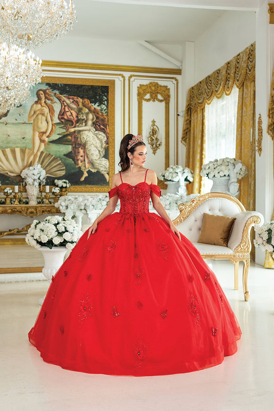 DQ25-1954 STRAPLESS QUINCEAÑERA GOWN WITH BEADED BODICE AND FLORAL APPLIQUE SKIRT