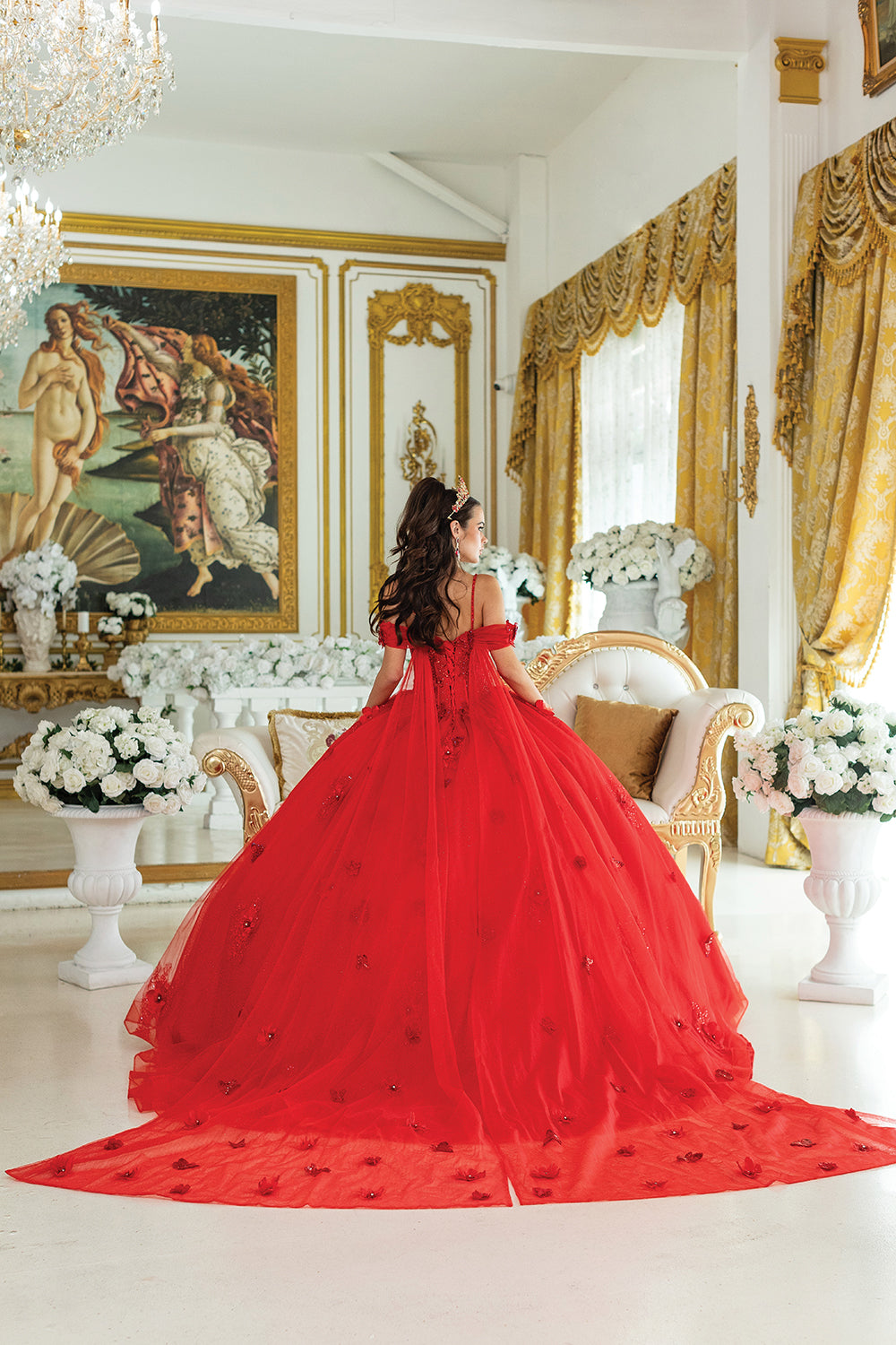 DQ25-1954 STRAPLESS QUINCEAÑERA GOWN WITH BEADED BODICE AND FLORAL APPLIQUE SKIRT