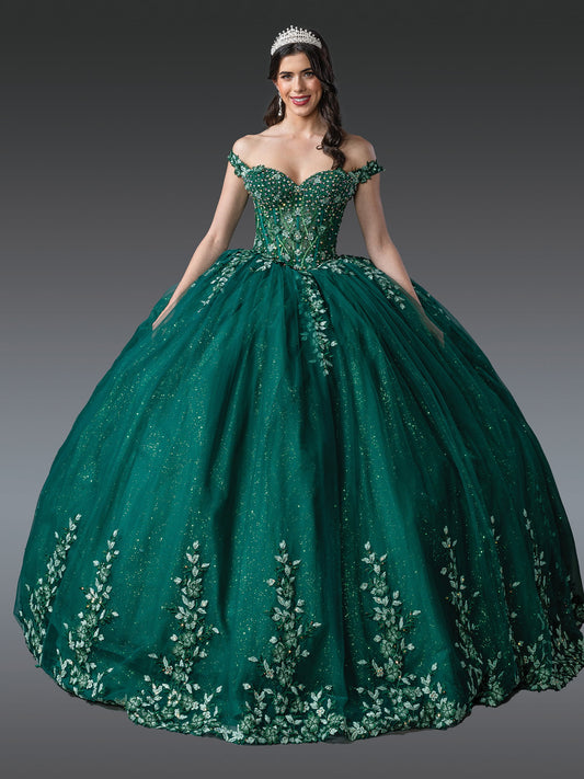 DQ25-1955 OFF-SHOULDER BALL GOWN QUINCEANERA DRESS WITH FLORAL APPLIQUES