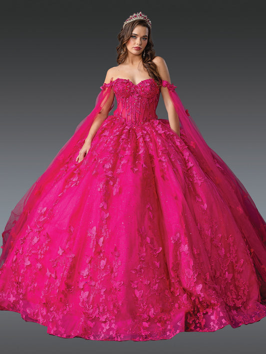 DQ25-1960 DRAMATIC OFF-THE-SHOULDER QUINCEANERA DRESS WITH INTRICATE FLORAL EMBROIDERY AND BEADED BODICE