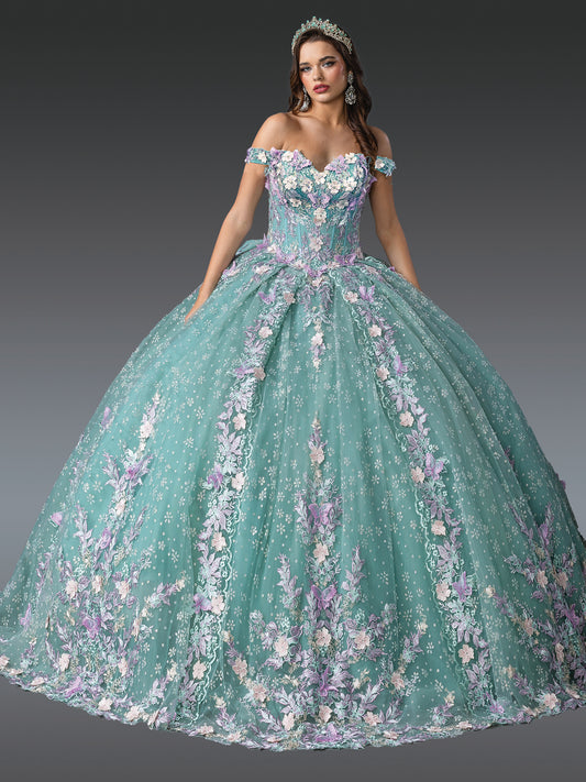 DQ25-1962  LAYERED RUFFLES, EMBROIDERED FLORAL ACCENTS, AND STRAPLESS BODICE