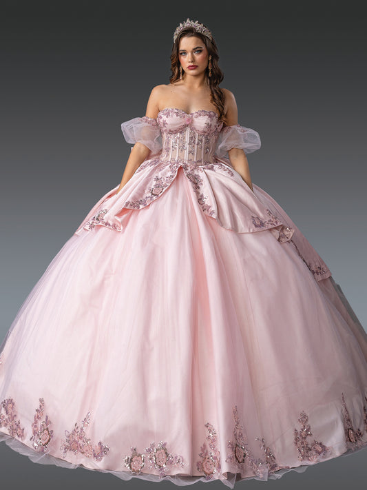 DQ25-1963 STRAPLESS QUINCEANERA DRESS WITH BEADED FLORAL EMBELLISHMENTS