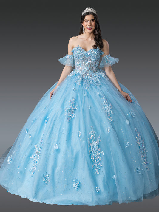 DQ25-1964 OFF-THE-SHOULDER QUINCEANERA DRESS WITH FLORAL APPLIQUES AND BEADED CORSET