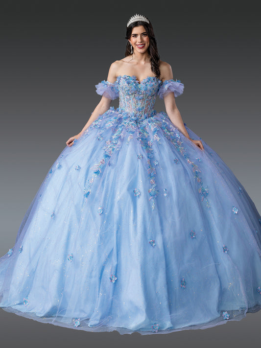 DQ25-1969 OFF-THE-SHOULDER QUINCEANERA DRESS WITH FLORAL APPLIQUES AND BEADED BODICE