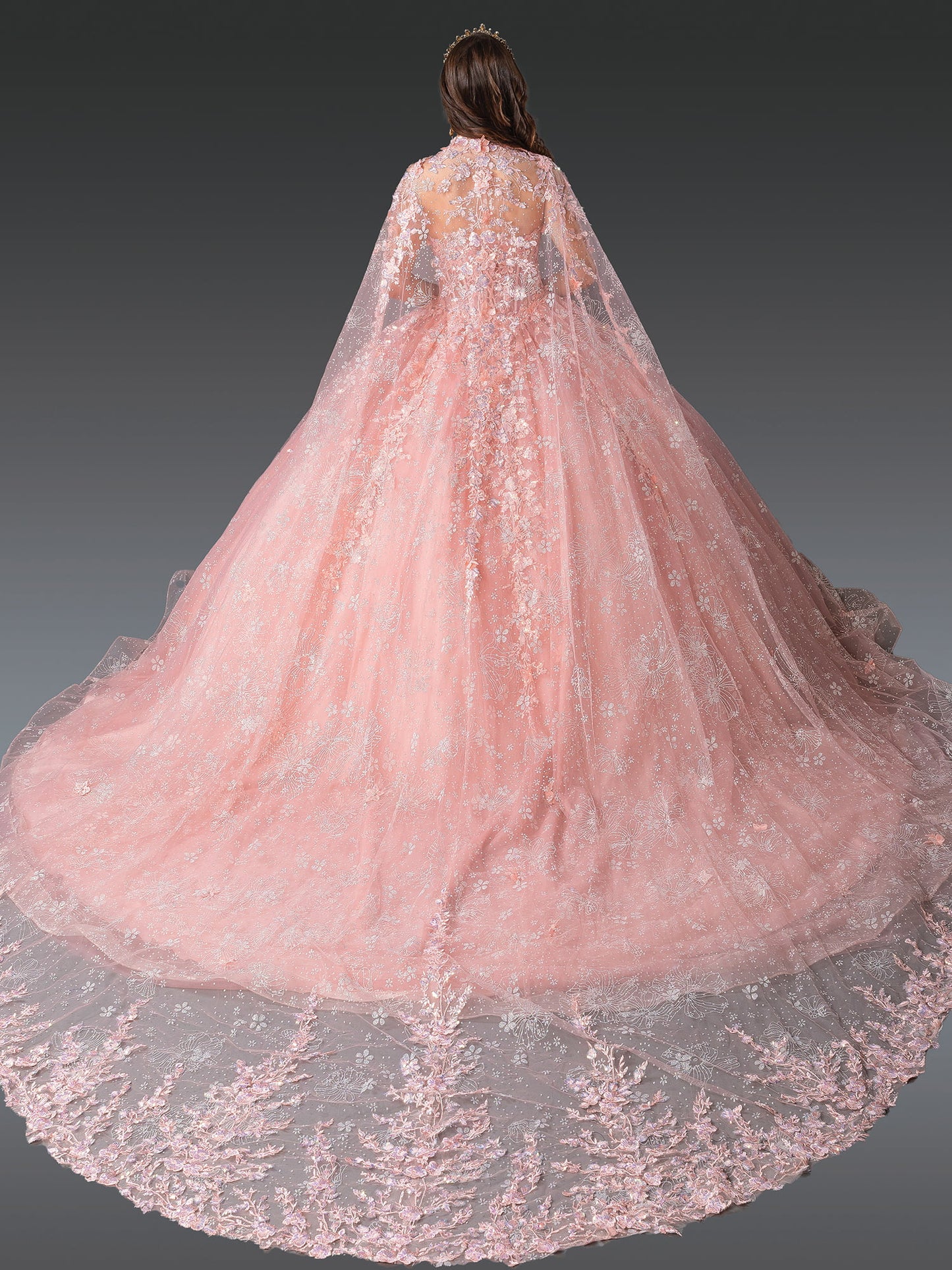 DQ25-1970 DRESS WITH FLORAL EMBROIDERY, SHEER CAPE