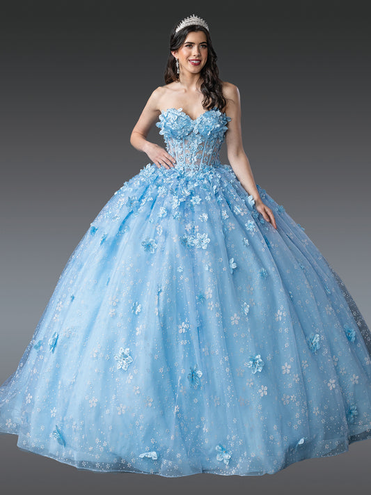 DQ25-1972 STRAPLESS QUINCEANERA DRESS WITH FLORAL EMBELLISHMENTS AND BEADED CORSET