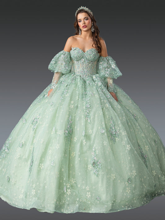 DQ25-1973 OFF-SHOULDER FLORAL EMBELLISHED QUINCEANERA BALL GOWN WITH DETACHABLE PUFF SLEEVES