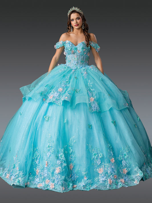 DQ25-1974 OFF-SHOULDER QUINCEANERA DRESS WITH LAYERED TULLE SKIRT AND FLORAL APPLIQUES