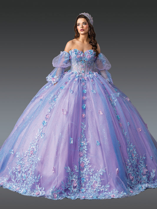 DQ25-1975 ENCHANTING OFF-THE-SHOULDER QUINCEANERA GOWN WITH FLORAL APPLIQUES AND BEADED CORSET