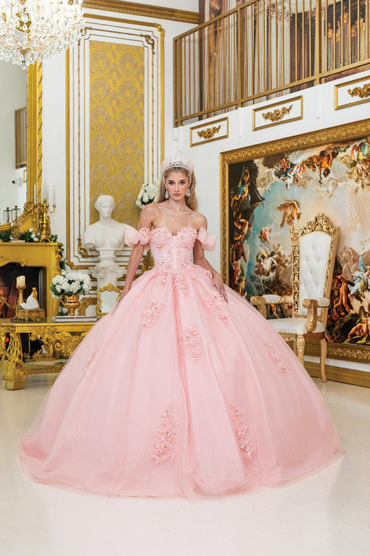 DQ25-1976 OFF-SHOULDER QUINCEANERA DRESS WITH PUFFY SLEEVES AND FLORAL EMBROIDERY