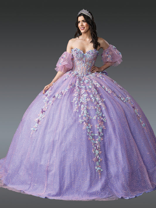 DQ25-1979 OFF-THE-SHOULDER QUINCEANERA DRESS WITH INTRICATE FLORAL EMBROIDERY AND FULL TULLE SKIRT