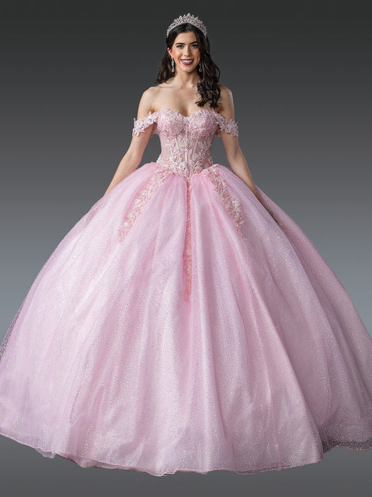 DQ25-1980 OFF-SHOULDER GLITTER QUINCEANERA DRESS WITH FLORAL EMBELLISHMENTS