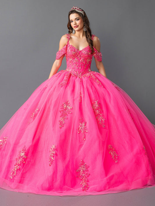 DQ25-1983 QUINCEANERA DRESS WITH EMBELLISHED BODICE AND GLITTERING APPLIQUES