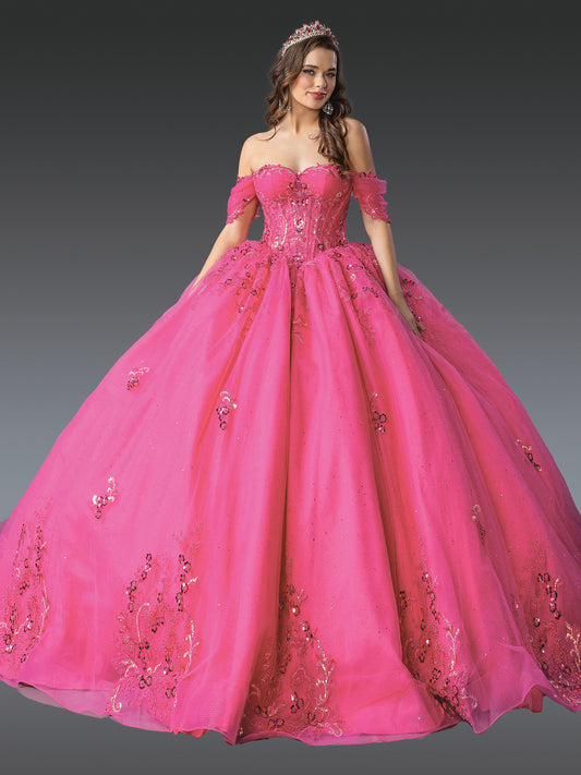 DQ25-1987 OFF-SHOULDER BEADED BALL GOWN WITH EMBROIDERED APPLIQUES