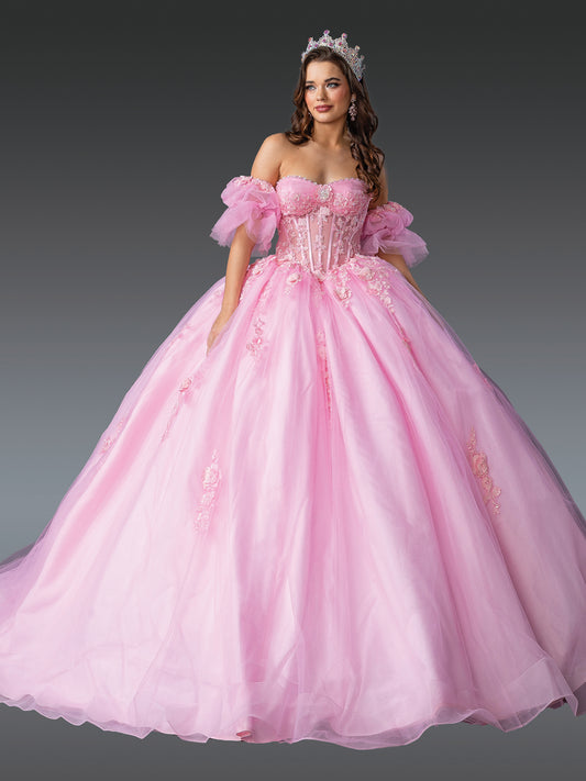 DQ25-1988 STRAPLESS CORSET BALL GOWN WITH PUFF SLEEVES AND FLORAL APPLIQUES