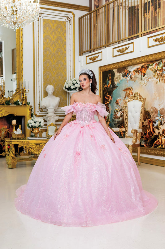 DQ25-1990 ELEGANT OFF-THE-SHOULDER QUINCEANERA GOWN WITH BEADED BODICE
