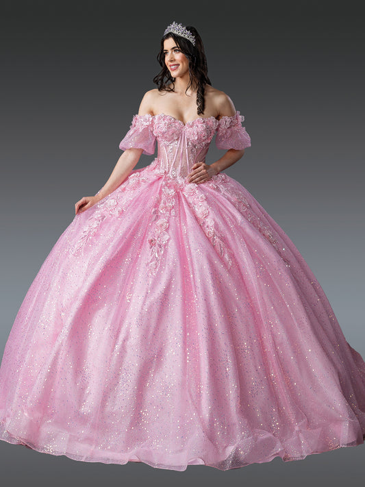 DQ25-1991 OFF-SHOULDER QUINCEANERA GOWN WITH FLORAL APPLIQUES