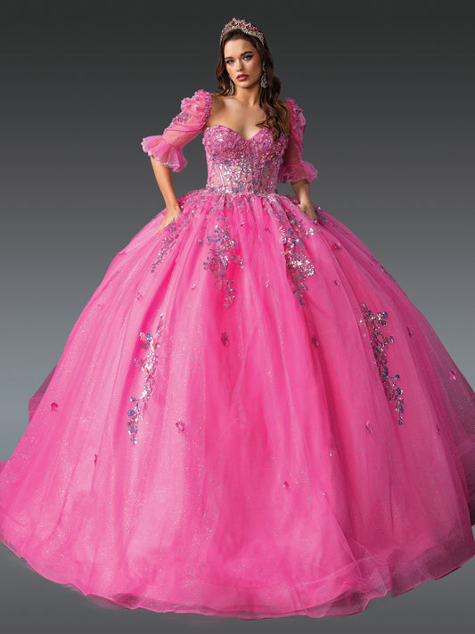DQ25-1995  LAYERED RUFFLES, EMBROIDERED FLORAL ACCENTS, AND STRAPLESS BODICE