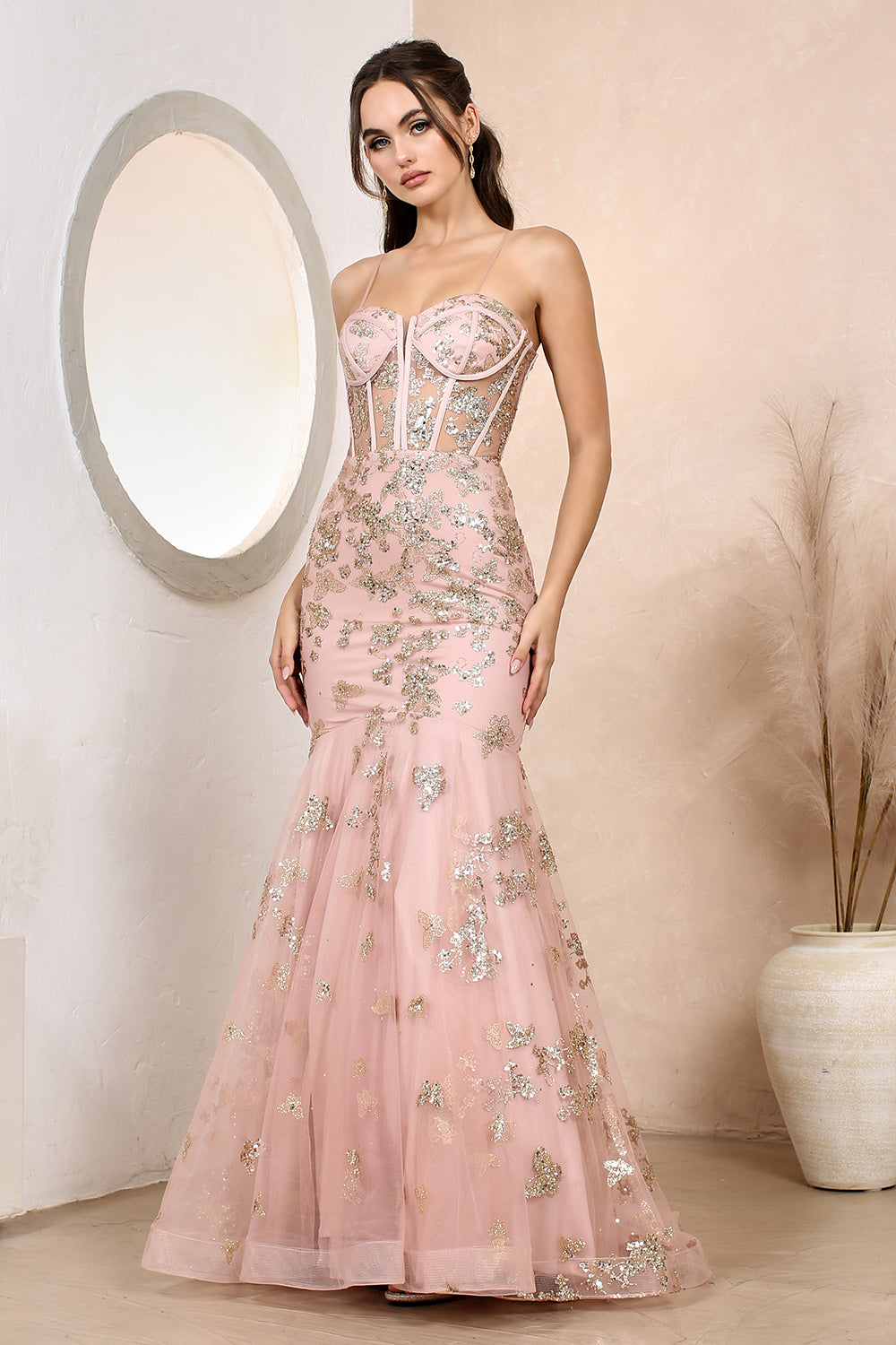 AD24-3179 GLITTER SHEER CORSET STRAPS TRUMPET GOWN