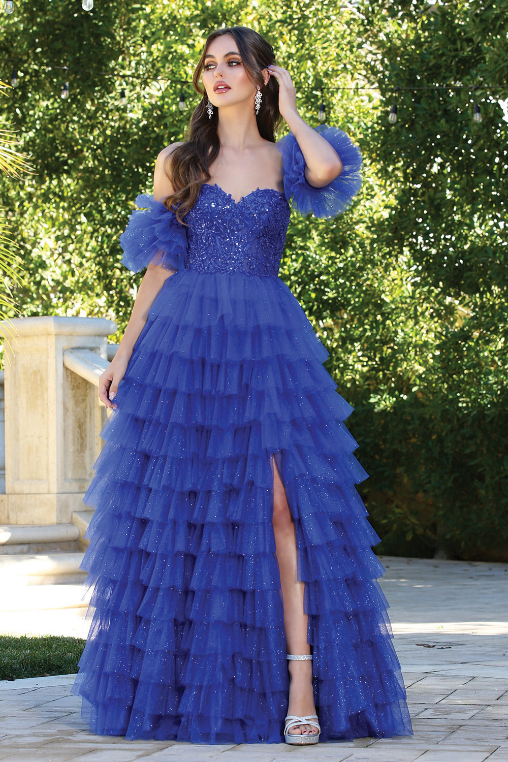 AD24-3215 TULLE TIERS LAYERS RUFFLES BEADED GOWN REMOVEABLE PUFFY SLEEVES