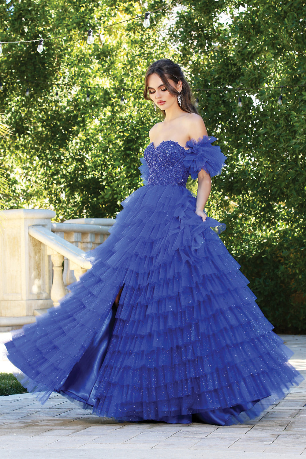 AD24-3215 TULLE TIERS LAYERS RUFFLES BEADED GOWN REMOVEABLE PUFFY SLEEVES