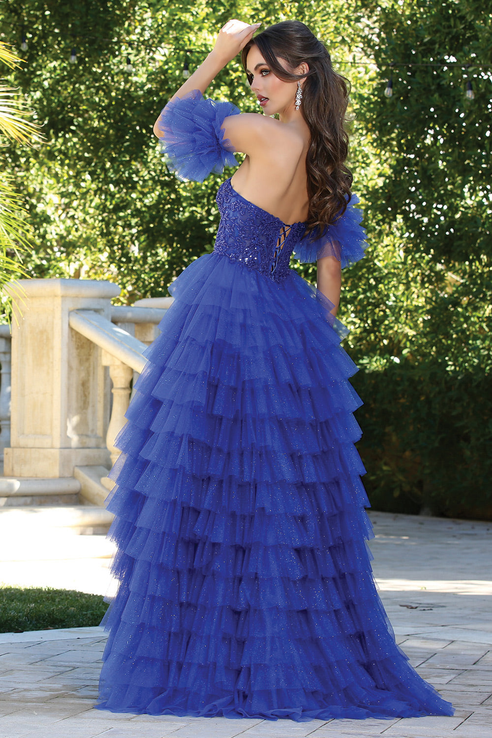 AD24-3215 TULLE TIERS LAYERS RUFFLES BEADED GOWN REMOVEABLE PUFFY SLEEVES