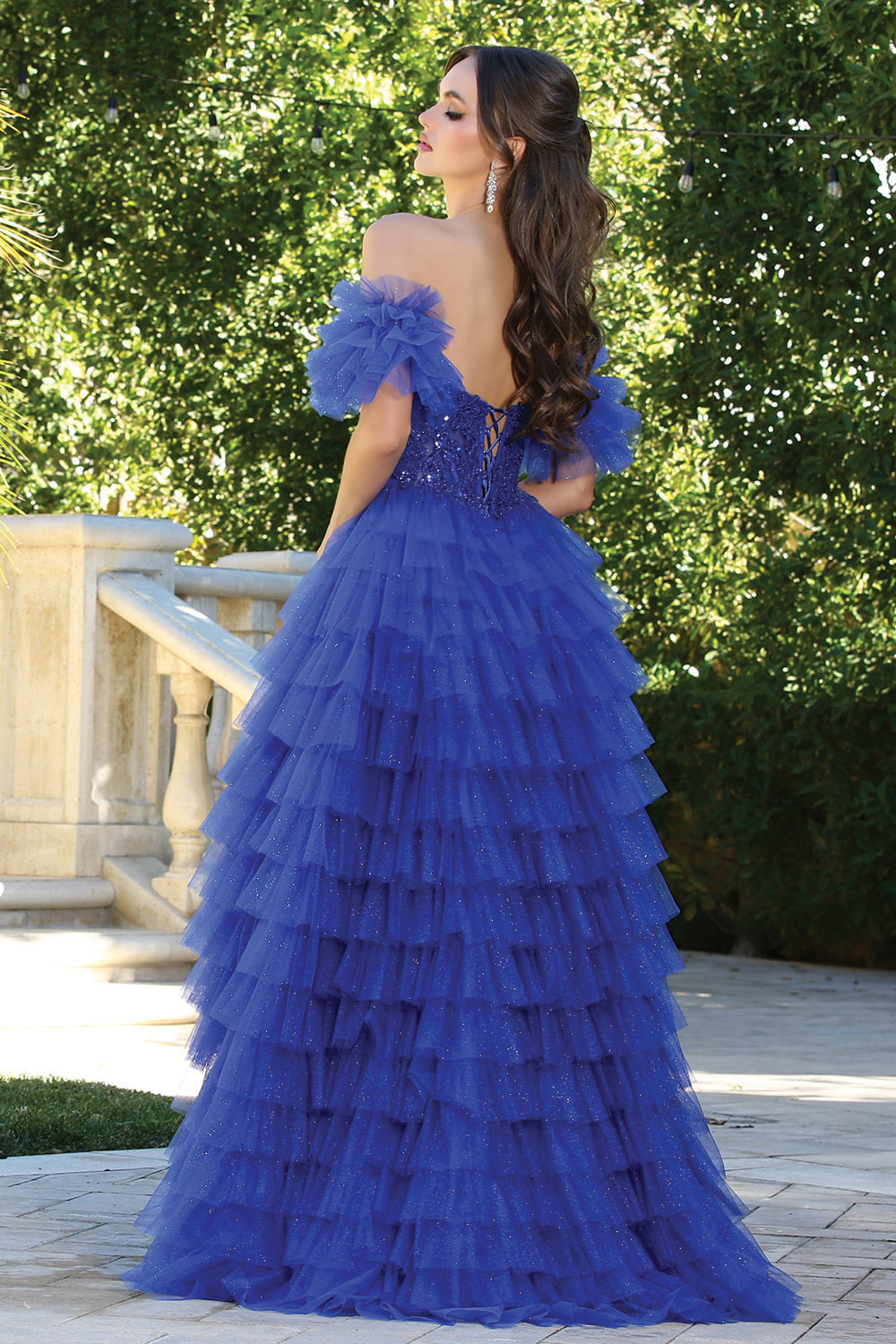 AD24-3215 TULLE TIERS LAYERS RUFFLES BEADED GOWN REMOVEABLE PUFFY SLEEVES