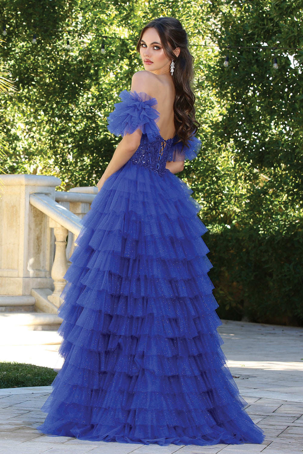 AD24-3215 TULLE TIERS LAYERS RUFFLES BEADED GOWN REMOVEABLE PUFFY SLEEVES