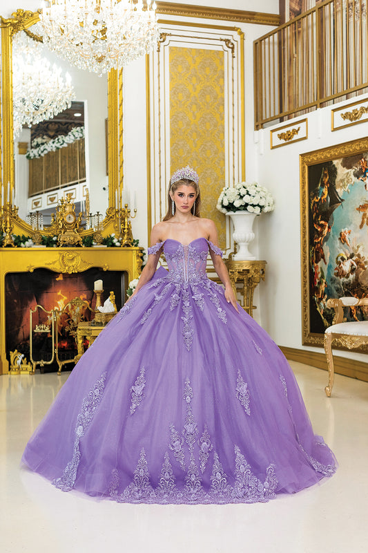 DQ25-5000 OFF-SHOULDER FLORAL APPLIQUE SLEEVES, SHEER CORSET BODICE
