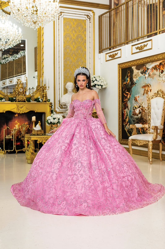 DQ25-5004 QUINCEANERA DRESS WITH SWEETHEART NECKLINE, EMBROIDERED LACE OVERLAY, SHEER LONG SLEEVES