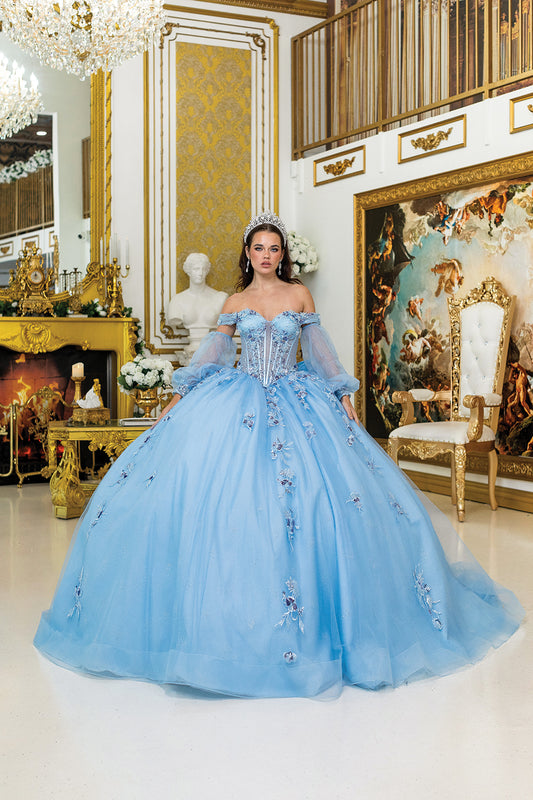 DQ25-5005 QUINCEANERA DRESS WITH SHEER OFF-THE-SHOULDER SLEEVES