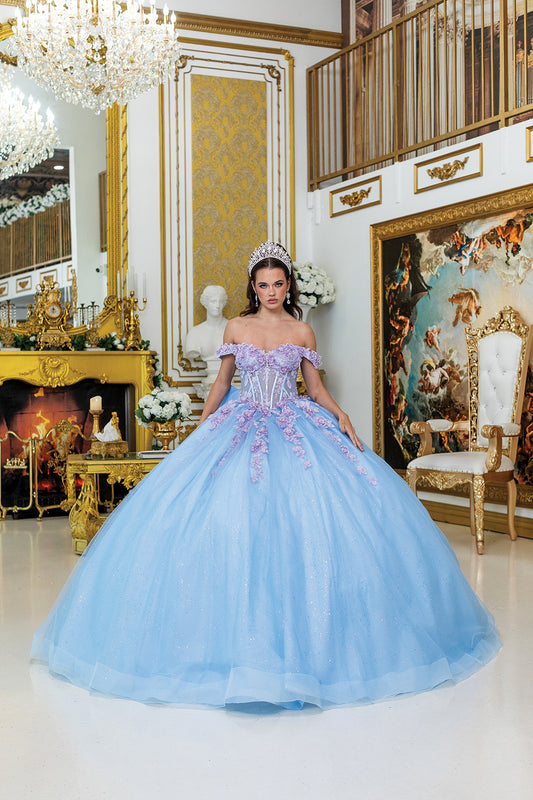 DQ25-5016 QUINCEANERA DRESS WITH CORSET BODICE, OFF-SHOULDER FLORAL DETAILS