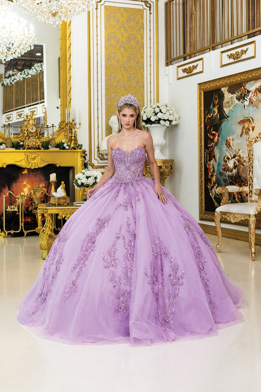 DQ25-5026 QUINCEANERA DRESS WITH STRAPLESS BODICE, GLITTER TULLE, AND FLORAL EMBROIDERED TRAIN