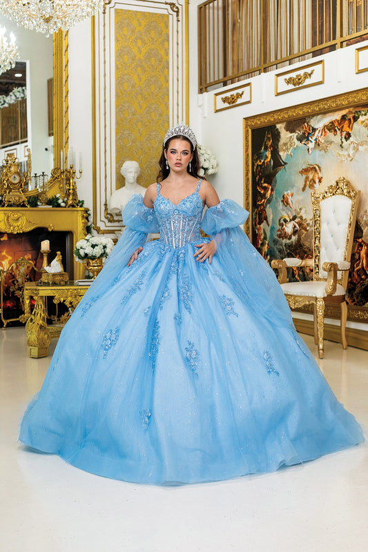 DQ25-5037 QUINCEANERA DRESS WITH SWEETHEART NECKLINE, SHEER PUFF SLEEVES