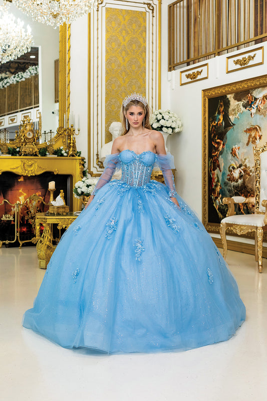 DQ25-5038 QUINCEANERA DRESS WITH SWEETHEART NECKLINE, SHEER DETACHABLE SLEEVES
