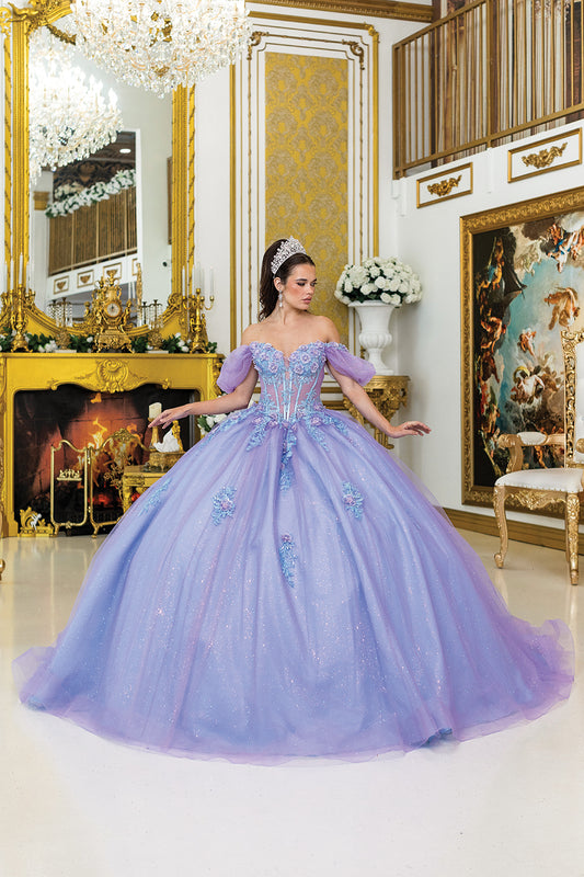 DQ25-5039 QUINCEANERA DRESS WITH CORSET BODICE, OFF-SHOULDER PUFF SLEEVES