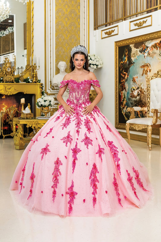 DQ25-5042 QUINCEANERA DRESS WITH CORSET BODICE, OFF-SHOULDER DESIGN, GLITTER TULLE SKIRT, AND INTRICATE 3D APPLIQUES