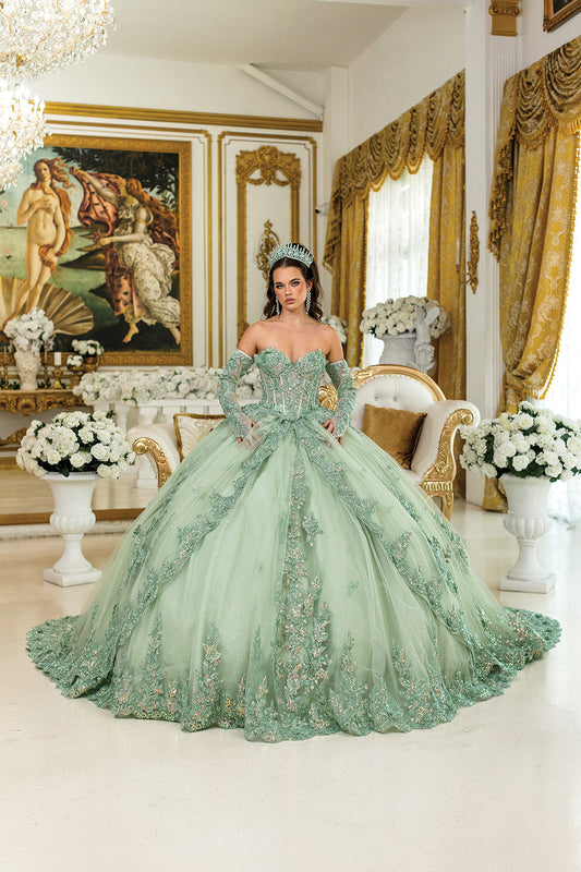 DQ25-5047 QUINCEANERA DRESS WITH EMBROIDERED LACE APPLIQUES