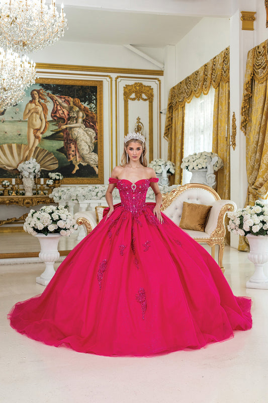 DQ25-5048 QUINCEANERA DRESS WITH EMBELLISHED OFF-SHOULDER DESIGN
