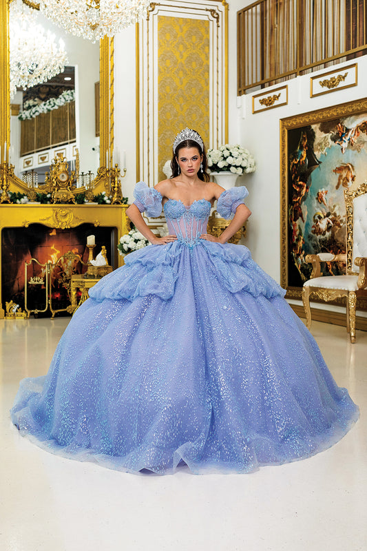 DQ25-5050 QUINCEANERA DRESS WITH OFF-SHOULDER PUFFY SLEEVES