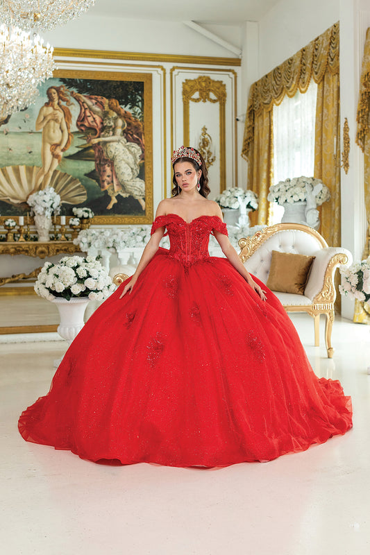 DQ25-5053 DRESS WITH OFF-SHOULDER SLEEVES, CORSET BODICE, BEADED EMBELLISHMENTS, GLITTER TULLE BALL GOWN SKIRT, AND FLORAL APPLIQUE ACCENTS