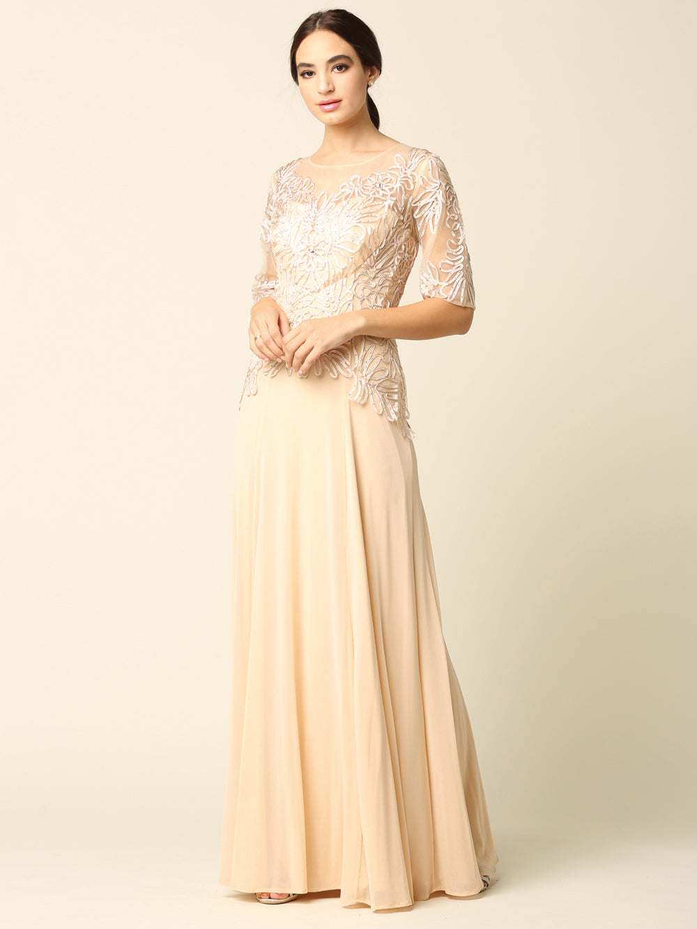 EA24-5222 Mama Half Sleeve Embroidered Gown in Stretch Power Mesh