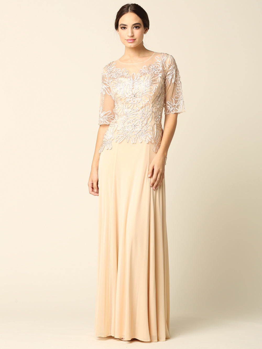 EA24-5222 Mama Half Sleeve Embroidered Gown in Stretch Power Mesh