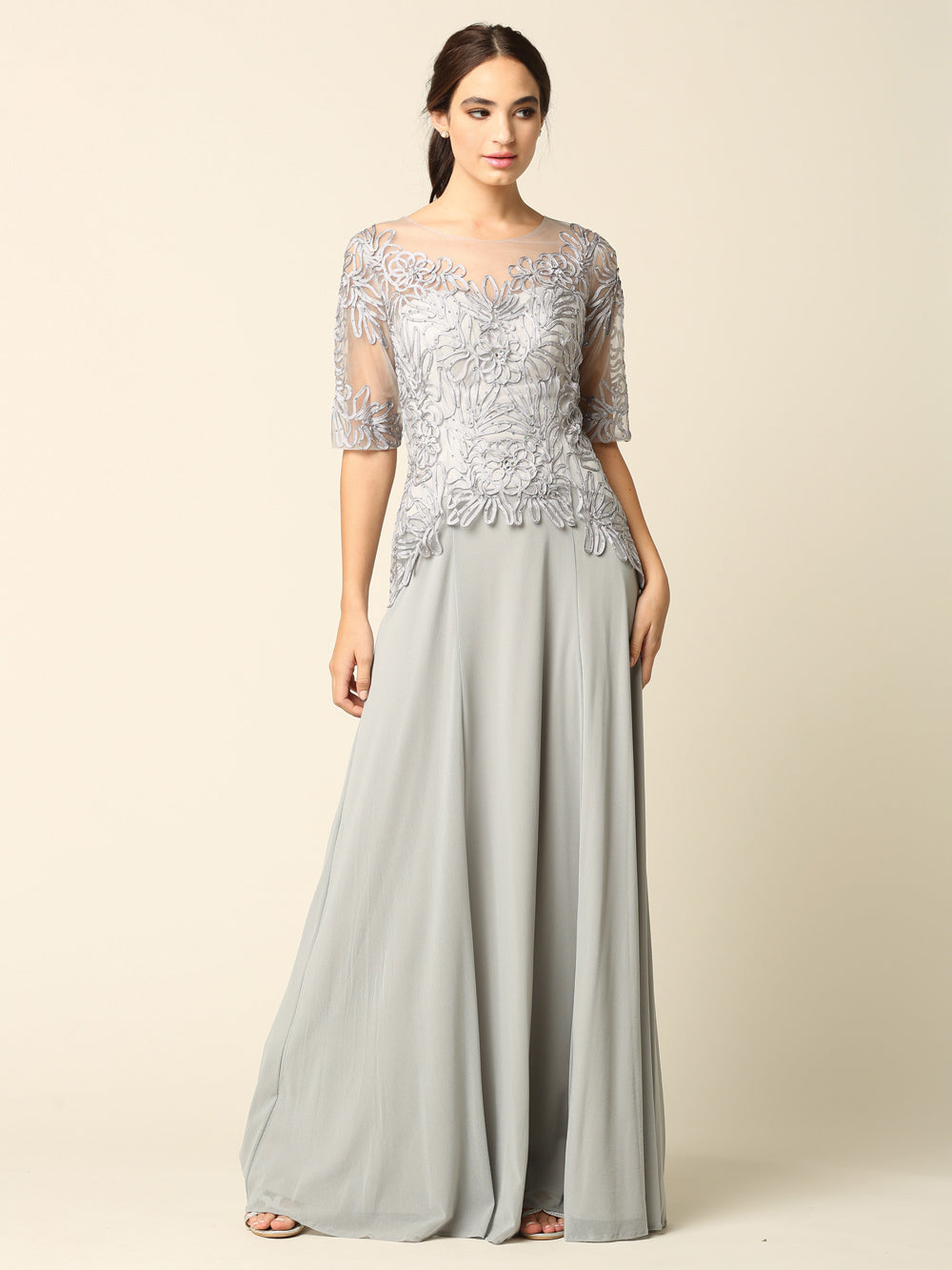 EA24-5222 Mama Half Sleeve Embroidered Gown in Stretch Power Mesh