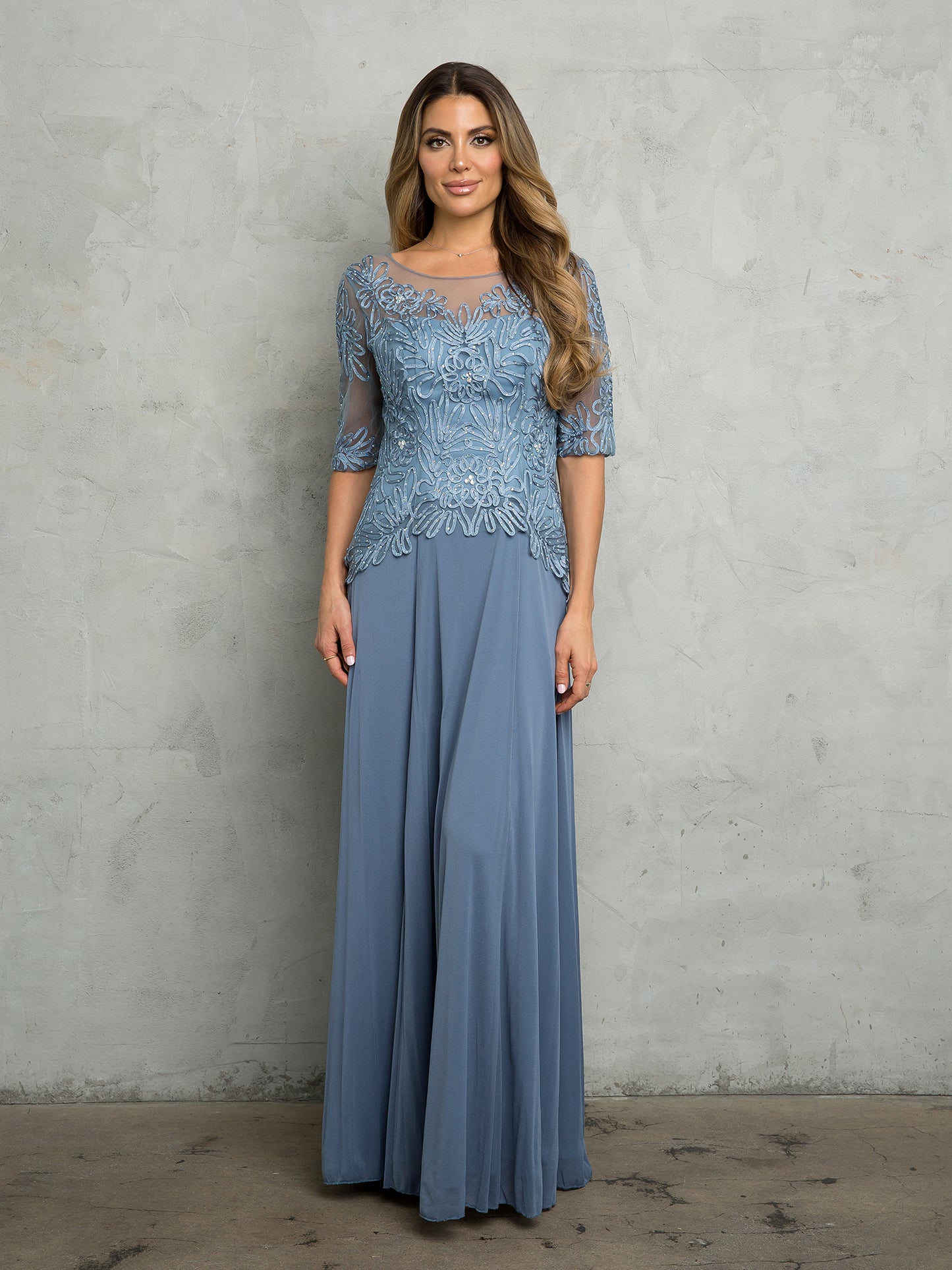 EA24-5222 Mama Half Sleeve Embroidered Gown in Stretch Power Mesh