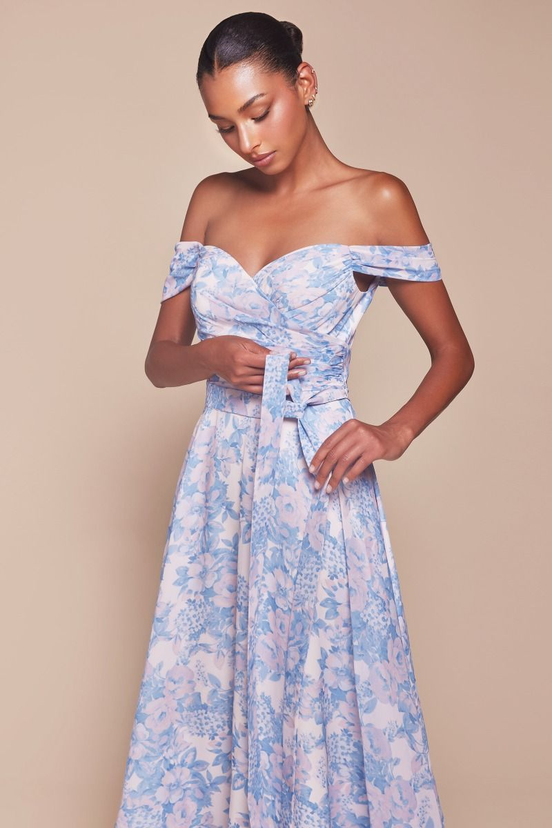 CD25-7441 OFF THE SHOULDER FLORAL PRINTED A-LINE DRESS