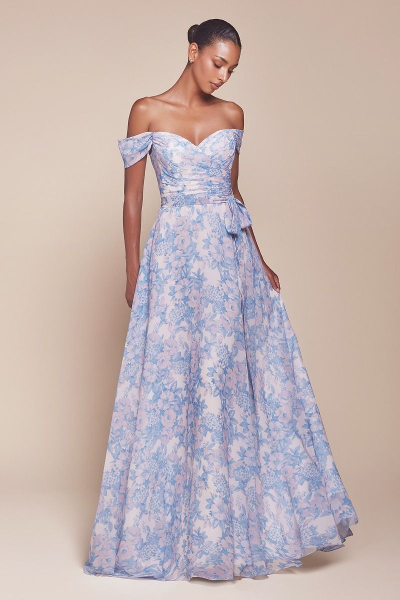 CD25-7441 OFF THE SHOULDER FLORAL PRINTED A-LINE DRESS