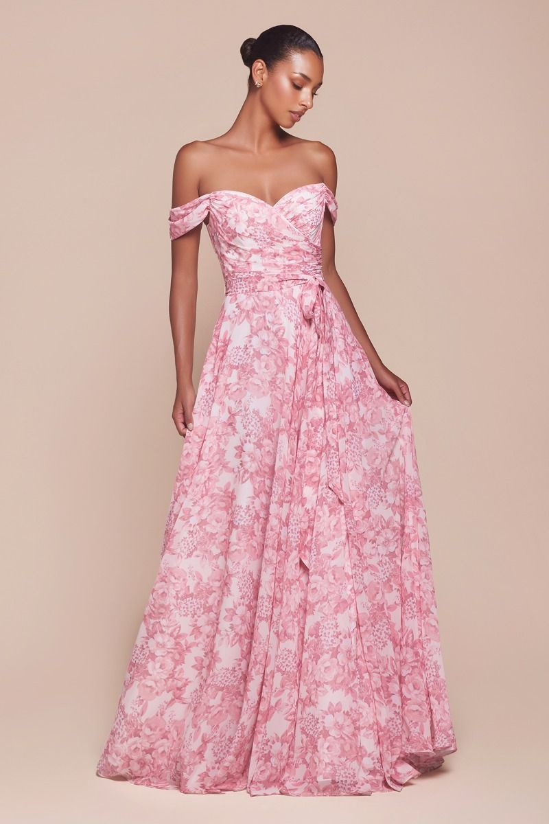 CD25-7441 OFF THE SHOULDER FLORAL PRINTED A-LINE DRESS