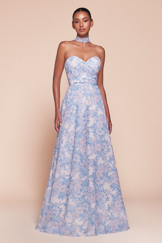 CD25-7443 STRAPLESS A-LINE FLORAL SATIN DRESS