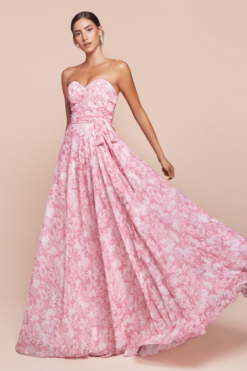 CD25-7443 STRAPLESS A-LINE FLORAL SATIN DRESS
